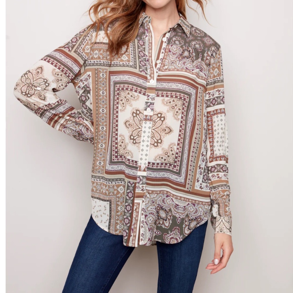 CHARLIE B Paisley Patchwork Button-Up Blouse in Cream, Brown, Olive